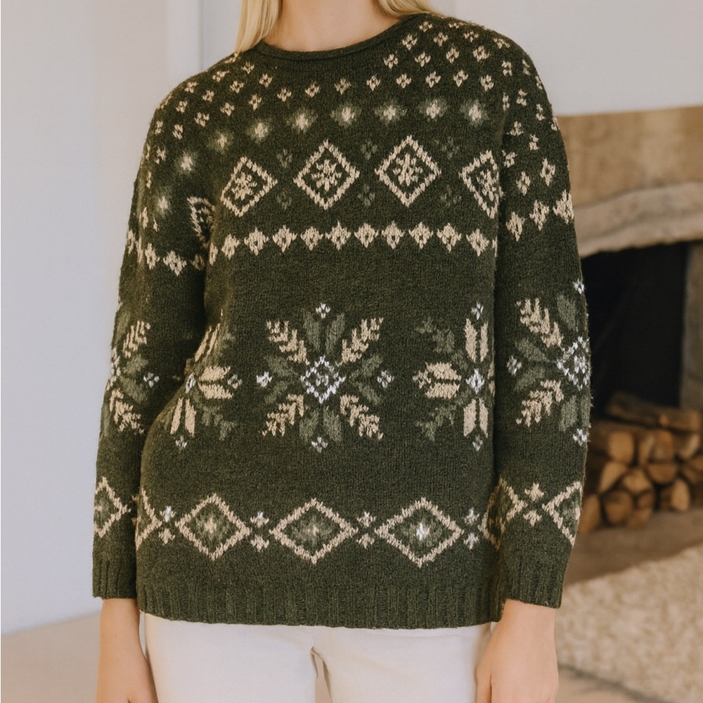 Vintage Tangents Size S Fair Isle Snowflake Sweater Green Wool Nordic Cabincore